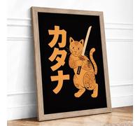 Golden Samurai Cat Japandi Framed Wall Art Print A1 Oak | Ready to Hang, Premium Gi Paper, Fade-Resistant Inks, Securely Packaged, UK Made