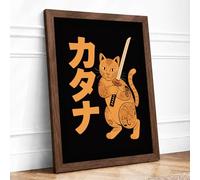 Golden Samurai Cat Japandi Framed Wall Art Print A1 Walnut | Ready to Hang, Premium Gi Paper, Fade-Resistant Inks, Securely Packaged, UK Made