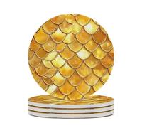 Golden Shiny Dragon Scale Round Ceramic Coasters Non-Slip Cork Base Drinks Holder Craft 4PCS