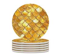 Golden Shiny Dragon Scale Round Ceramic Coasters Non-Slip Cork Base Drinks Holder Craft 6PCS