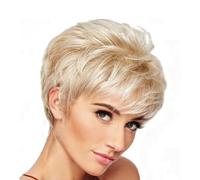 Golden Short Hair Wigs for Women with Bangs Dark Brown Mixed Blonde Pixie Cut Wig for Women Straight Synthetic Fiber Wigs