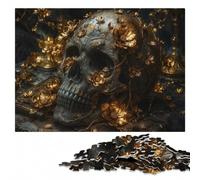 Golden Skull with Flowers Wooden Jigsaw Puzzle 300 Pieces, Indoor Activity | Birthday gift for jigsaw fans: home hobby for puzzle fans at your own pace.