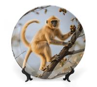 Golden Snub-Nosed Monkey Bone China Decorative Plate with Display Stand, 8inch Porcelain Wall Hanging Plate for Home Office Decor, Elegant Round Ceramic Plates for Home Decor & Gift Idea