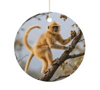 Golden Snub-Nosed Monkey Ceramic Christmas Ornaments with Gold String - Personalized Double-Sided 2.9 Inch Xmas Tree Decorations, Rustic Winter Hanging Ornaments for Holiday Party Gift