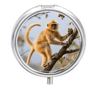 Golden Snub-Nosed Monkey Pill Box 3 Compartment Round Metal Pill Organizer Portable Mini Travel Medicine Case with Mirror Cute Medicine Container Holder for Pocket Purse