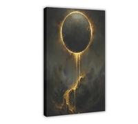 Golden Solar Eclipse - Black Moon with Gold Dripping Atmosphere Oil Painting Canvas Poster Bedroom Decor Landscape Office Room Decor Gift 08x12inch(20x30cm)