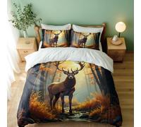 Golden Stag Autumn Forest Printed Duvet Cover Set, 3D Pattern Bedding, Majestic Deer, Autumn Colors, Perfect for Bedroom Decor (01,Double + 50x75cm x2)