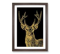 Golden Stag Framed Print | A2 Walnut Framed Wall Art | Ready to Hang | Modern Animal Picture | Living Room Bedroom Lounge Office