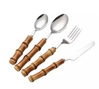 Golden Stainless Steel Cutlery Set - Bamboo Handle, Dessert Spoon, Golden Finish