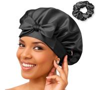Golden Star Beauty Silk Bonnet Sleeping Cap For Women, Made of Real 100% Mulberry Silk, Soft and Easy to Use, Breathable & Adjustable Sleep Caps, Fine Hair Wrap - Night Head Cap for Curly Hair (Black)