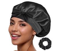 Golden Star Beauty Silk Bonnet Sleeping Cap For Women, Made of Real 100% Mulberry Silk, Soft and Easy to Use, Breathable & Adjustable Sleep Caps, Fine Hair Wrap - Night Head Cap for Curly Hair (Black)