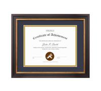 Golden State Art, 11x14 Document Frame for 8.5x11 Diploma/Certificate/Picture, Sawtooth Hangers for Wall Mounting with Real Glass, Black Gold & Burgundy Molding (Navy Blue/Gold Double Mat)