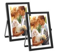 Golden State Art, 2 Pack, 4x6 Inch Metal Picture Frames, Floating Display for 3x5, 2x3 Photos, with Real Glass and Pull-Out Easel Stand for Tabletop Display (Vertical) - Matte Black