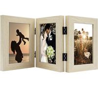 Golden State Art, 4x6 Triple Picture Frame Beige- Real Glass, 1 Pack | Trifold Photo Frame Vertical Display for Desktop - Three Folding Picture Collage