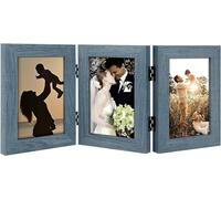 Golden State Art, 4x6 Triple Picture Frame Vertical, Engineered Wood Trifold Photo Frame, with Real Glass for Desktop - Three Folding Picture Collage (4x6, Blue, 1 Pack)