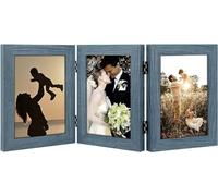Golden State Art, 5x7 Triple Picture Frame Vertical, Engineered Wood Trifold Photo Frame, with Real Glass for Desktop - Three Folding Picture Collage (5x7, Blue, 1 Pack)