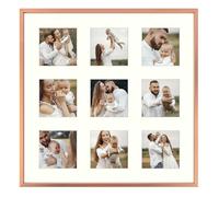 Golden State Art, 9-4x4 Collage Aluminum Picture Frame, Display Nine 4x4 Photos with Ivory Mat or One 16x16 Without Mat, Tempered Glass, Wall Mounting, Rose Gold (1 Pack)