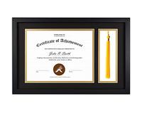 Golden State Art, Wood Diploma Frame with Tassel Holder Shadow Box, 11x17.5 Wood Frame for 8.5x11 Document/Certificate, with Double Mat (Black Over Gold), Tassel Holder & Tempered Glass, Black
