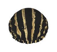 Golden Stripes On Black Background Waterproof Shower Cap,Elastic Bathing Hair Cap Environmental Protection Hair Bath Caps, Double WaterproofBathing Shower Hat