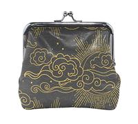 Golden Sun and Moon in the Cloudy Sky on Dark Women Leather Mini Buckle Coin Purse, Clasp Kiss Lock Closure Card Key Change Wallet for Women Girls Men Girl