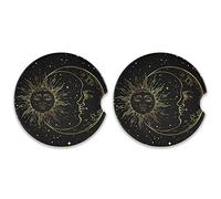 Golden Sun, Crescent Moon and Gold Stars over Black Galaxy Sky 2 PCs Car Absorbent Ceramic Coaster, Auto Round Cup Mat Mug Pad with a Finger Notch for Easy Removal, Cup Holder with Cork Base