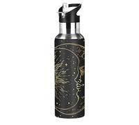 Golden Sun, Crescent Moon and Gold Stars over Black Galaxy Sky Stainless Steel Water Bottle, Leak-Proof Vacuum Hot Cold Insulated Travel Mug, Double Walled with Handle Thermo Cup Bottle 33.8 Oz