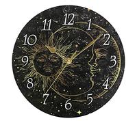 Golden Sun, Crescent Moon and Gold Stars Over Black Galaxy Sky Wall Clock, Silent Non-Ticking Easy to Read Round Decorative Wall Clock with Gold Hands for Home Office School 9.5" in Diameter