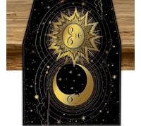 Golden Sun Moon Table Runner, Mystical Astrology Celestial Tarot Zodiac Witch Print Table Cover for Farmhouse Kitchen Dining Table Party Decor, 13x90inch