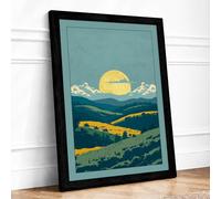 Golden Sun Over Fields Minimalist Framed Wall Art Print A4 Black Frame