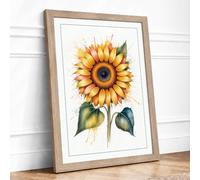 Golden Sunflower Botanical Framed Wall Art Print A4 (29.7×21cm) Oak, Wall Decor for Living Room, Bedroom, Office & Home, Ready to Hang, Art Gift