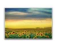 Golden Sunflower Field Floral Landscape Canvas Print, Flying Birds Wall Art, Nature Inspired Yellow Bloom Painting, Tranquil Countryside Decor for Living Room Bedroom Dining Room Office Farmhouse