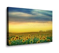 Golden Sunflower Field Floral Landscape Canvas Print, Flying Birds Wall Art, Nature Inspired Yellow Bloom Painting, Tranquil Countryside Decor for Living Room Office Farmhouse Framed Ready to Hang