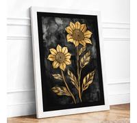 Golden Sunflowers in Shadow Botanical Framed Wall Art Print A1 White Frame