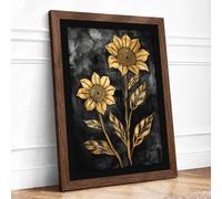 Golden Sunflowers in Shadow Botanical Framed Wall Art Print A4 (29.7×21cm) Walnut, Wall Decor for Living Room, Bedroom, Office & Home, Ready to Hang, Art Gift