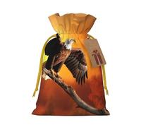 Golden Sunset Bald Eagle Christmas Drawstring Gift Bags with Tags, Xmas Gift Bags with Yellow Christmas Ribbon, Reusable Gift Wrapping Bag Fabric Goody Gift Sacks for Party Presents Decorations