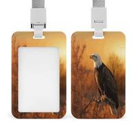Golden Sunset Bald Eagle ID Badge Holder Waterproof Card Protector Push-Pull Slot Work ID Card Holder with Lanyard Personalized Detachable Card Holders for Office Corporate Use