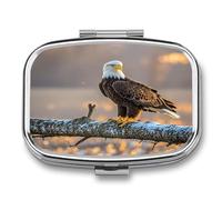 Golden Sunset Bald Eagle Pill Case 2 Compartments Travel Pill Organizer for Pocket Small Pill Box Portable Pill Container Metal Medication Holder to Hold Vitamin Fish Oil Supplement