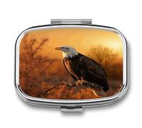 Golden Sunset Bald Eagle Pill Organizer with 2 Compartments Metal Square Pill Case Small Pill Box Portable Medicine Box Slim Travel Pill Container Medicine Organizer for Daily Use