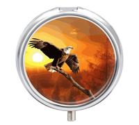 Golden Sunset Bald Eagle Round Pill Boxes with 3 Compartments, Portable Travel Pill Organizer Box, Mini Metal Pill Holder and Vitamin Containers for Oil