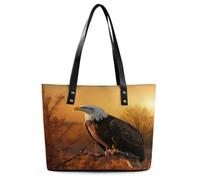 Golden Sunset Bald Eagle Tote Bag Large Soft Leather Purse with Zipper Lightweight Ladies Shoulder Handbag