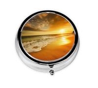 Golden Sunset Beach Printed Round Pill Organizer with 3 Compartments, Portable Mini Pill Box Pill Case for Medicine, Vitamin, Fish Oil, Supplements