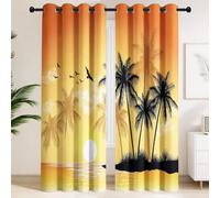 Golden Sunset, Palm Tree, Beach, Flock of Birds Blackout Curtains - Window Drapes in Tropical Scenery, Bright, Vintage, Adjustable Thermal Insulated Noise Reducing Curtains for Bedroom