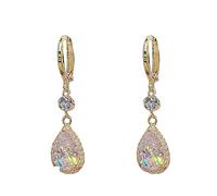 Golden Teardrop Crystal Dangle Earrings with Faceted Stones and Clip-On Design for Elegant Everyday Wear