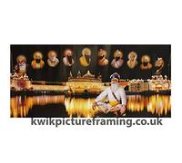 Golden Temple Picture Frame Harmandir Sahib Amritsar with 10 Sikh Gurus | 28 x 13 Inch Religious Wall Art Display | Rectangular Wall or Stand Mount White Frame | Made in UK