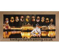 Golden Temple Picture Frame Harmandir Sahib Amritsar with 10 Sikh Gurus | 28 x 13 Inch Religious Wall Art Display | Rectangular Wall or Stand Mount Oak Frame | Made in UK