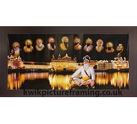 Golden Temple Picture Frame Harmandir Sahib Amritsar with 10 Sikh Gurus | 28 x 13 Inch Religious Wall Art Display | Rectangular Wall or Stand Mount Mahogany Frame | Made in UK