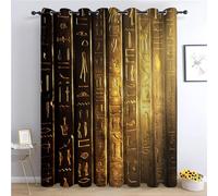Golden Thermal Blackout Curtains for Bedroom & Living Room, Vintage Egyptian Text Energy Saving Eyelet Door Curtains, Room Darkening Printed Window Treatment, 92x90 Inch