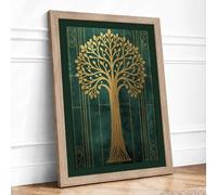 Golden Tree in Emerald Art Deco Framed Wall Art Print A4 (29.7×21cm) Oak, Wall Decor for Living Room, Bedroom, Office & Home, Ready to Hang, Art Gift