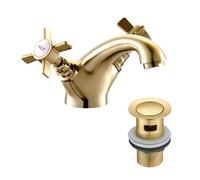 Golden Victorian Bathroom Sink Tap for Basin with Pop Up Sink Plug Dual Cross Lever Brass Swan Neck Bathroom Tap Mixer Traditional Basin Mixer Tap 044GO