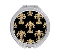 Golden Victorian Fleur De Lis Seamless On Black Folding Make Up Mirror, Compact 2X/1X Magnification Mirror, Women Portable Travel Makeup Mirror 2.4 x 2.4 inch